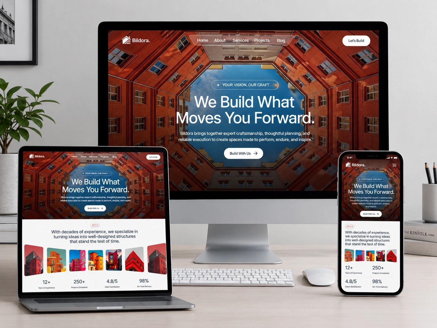 Bildora responsive trio — laptop, tablet and mobile showcases
