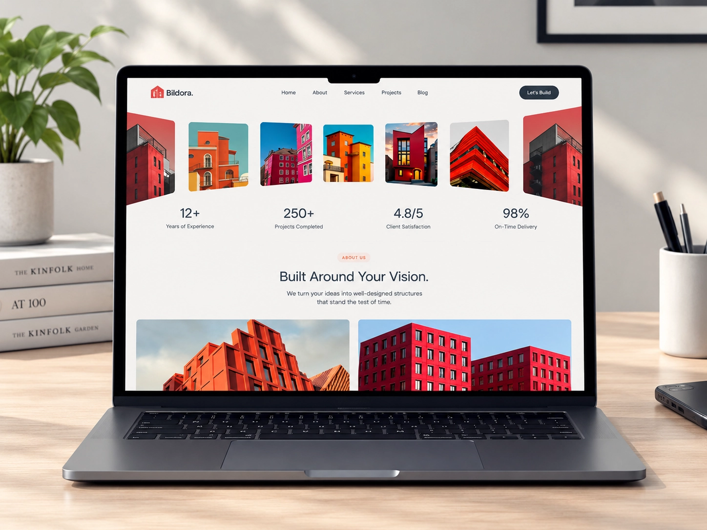 Bildora laptop — stats section with 12+ years and 250+ projects